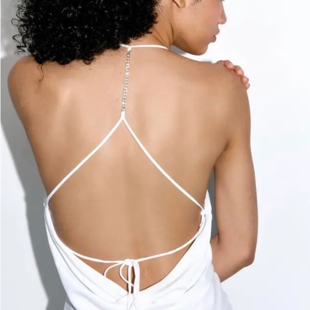 Zara Satin White Mini Dress with Rhinestones - Picture 4 of 5